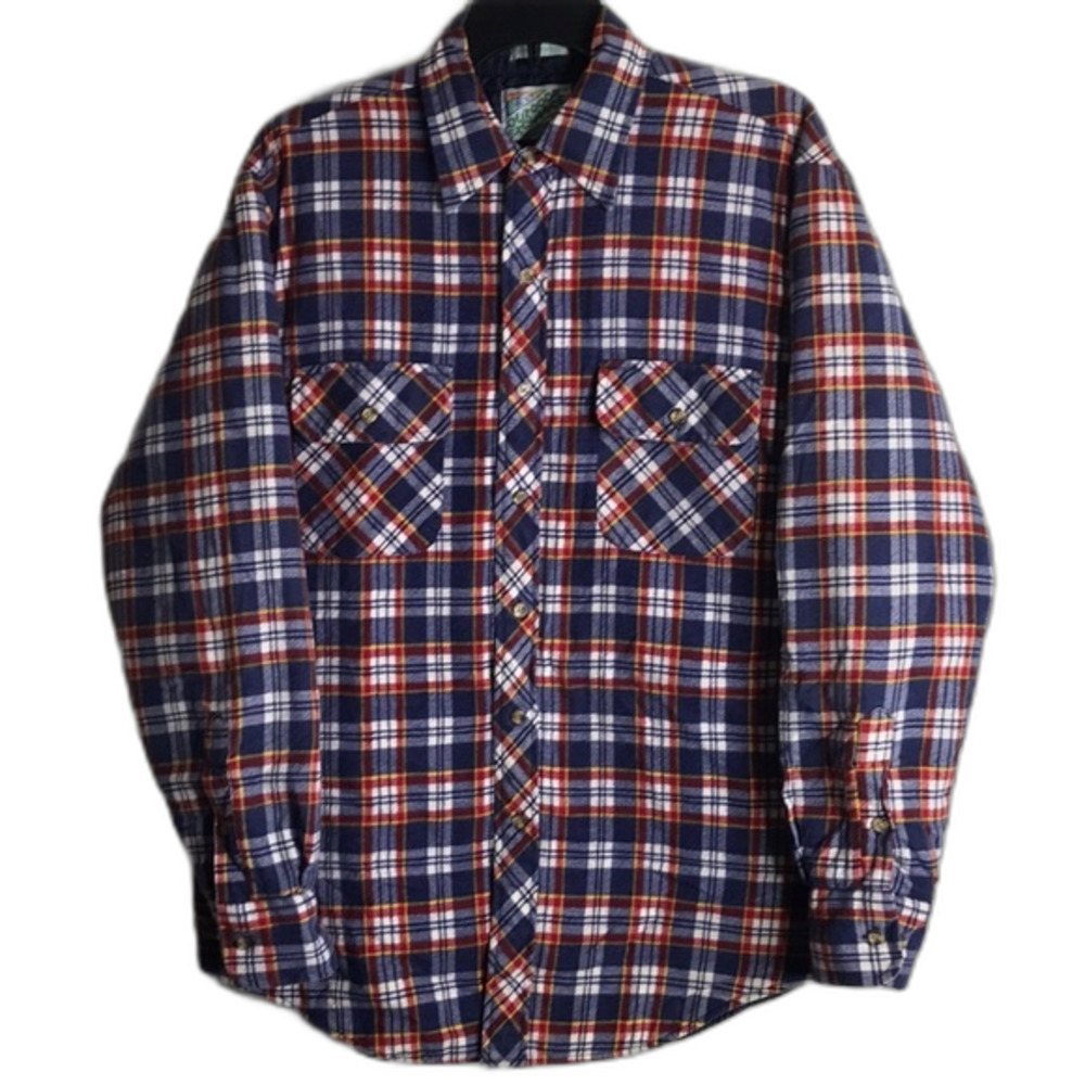 Outdoor Exchange Men's Quilted Lined Flannel Shirt Jacket Plaid Navy Red Size M